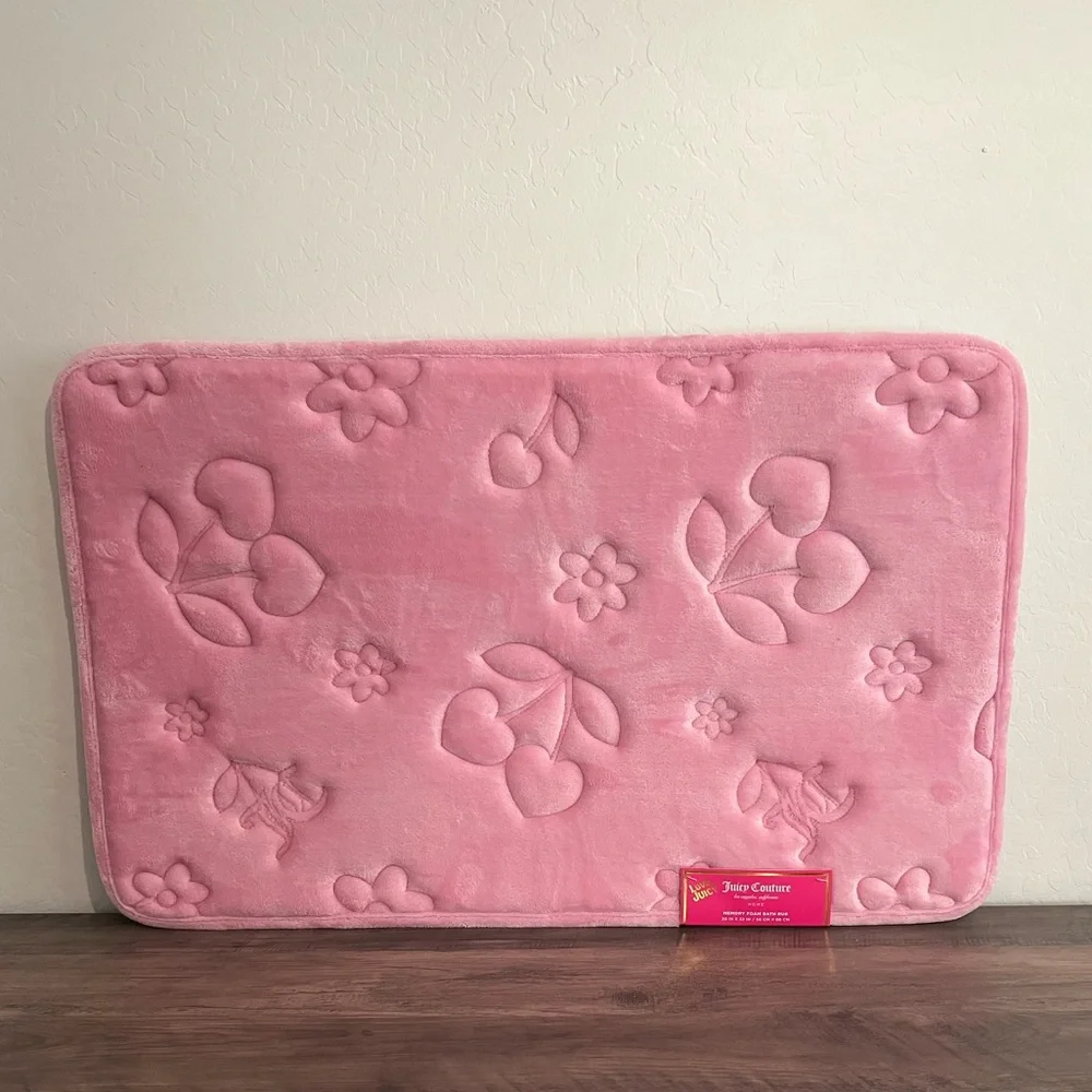 Juicy Couture Cherry Hearts Pink Floral Print Embossed Memory Foam Bath Mat